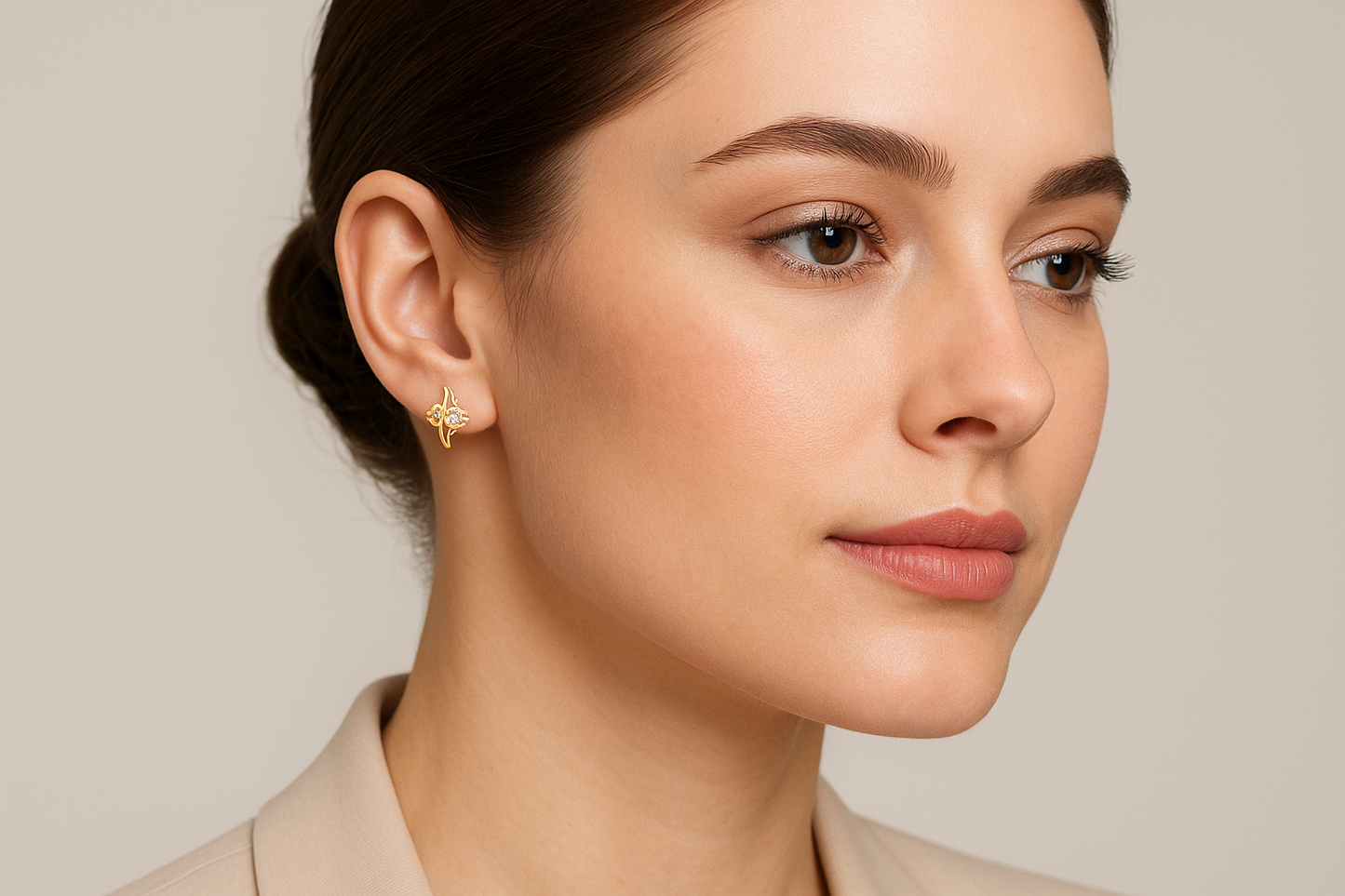 Generated image of a female model wearing the gold and diamond earrings in a smaller size