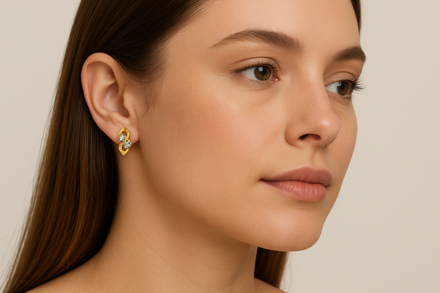 Generated image of a female model wearing the gold and diamond earrings in a smaller size