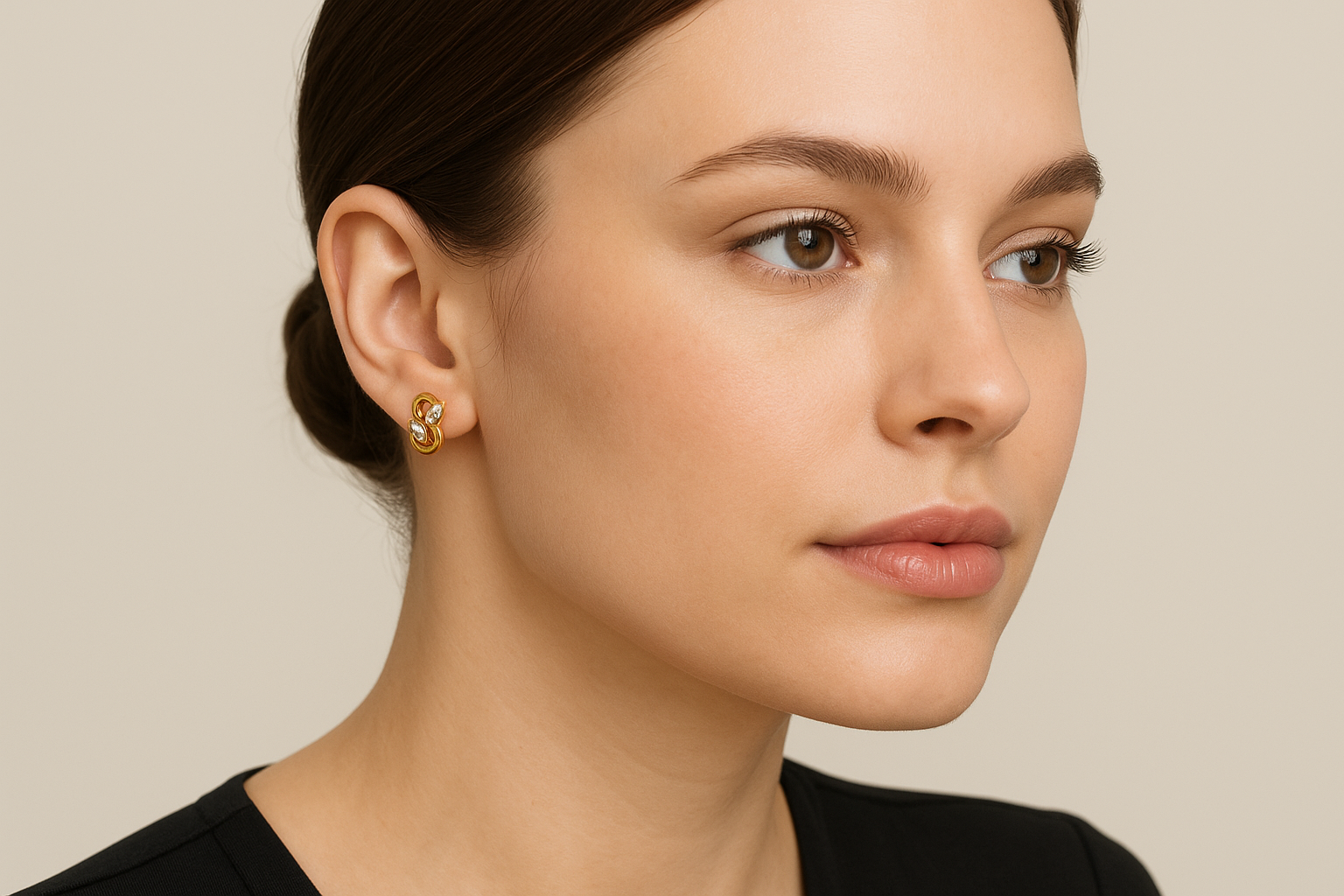 Generated image of a female model wearing the gold and diamond earrings in a smaller size