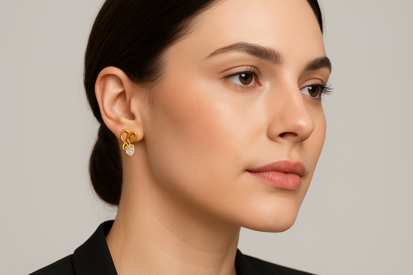 Generated image of a female model wearing the gold and diamond earrings
