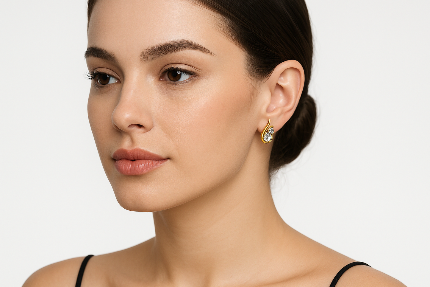 Generated image of a female model wearing the gold and diamond earrings