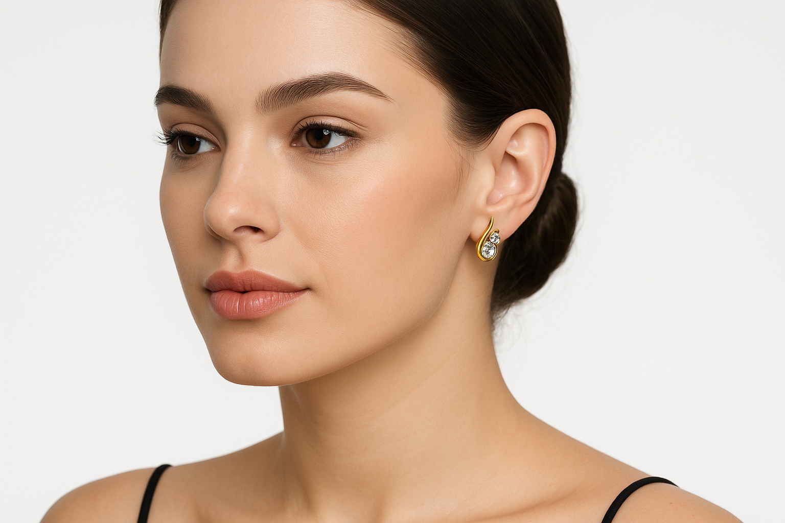 Generated image of a female model wearing the gold and diamond earrings