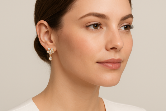 Generated image of a female model wearing the gold and diamond flower drop earrings in a smaller size