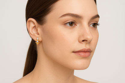 Generated image of a female model wearing the gold and diamond geometric earrings in a smaller size