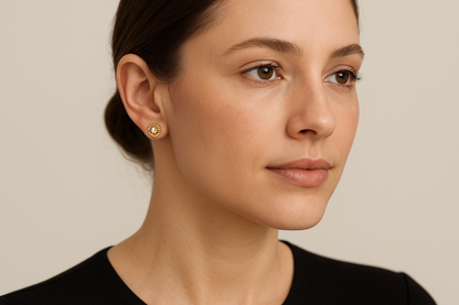 Generated image of a female model wearing the gold and diamond heart-shaped earrings in a smaller size