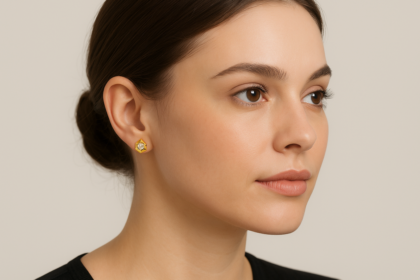 Generated image of a female model wearing the gold and diamond hexagonal earrings in a smaller size