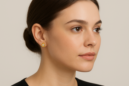 Generated image of a female model wearing the gold and diamond hexagonal earrings in a smaller size
