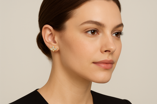 Generated image of a female model wearing the gold and diamond leaf-shaped stud earrings