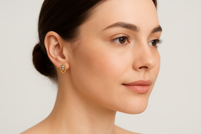 Generated image of a female model wearing the gold and diamond marquise earrings in a smaller size