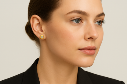 Generated image of a female model wearing the gold and diamond octagonal earrings in a smaller size