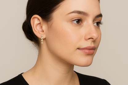 Generated image of a female model wearing the gold and diamond spiral earrings in a smaller size