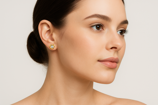 Generated image of a female model wearing the gold and diamond stud earrings
