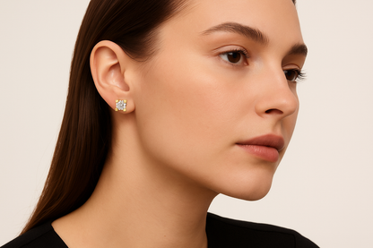 Generated image of a female model wearing the gold and diamond stud earrings