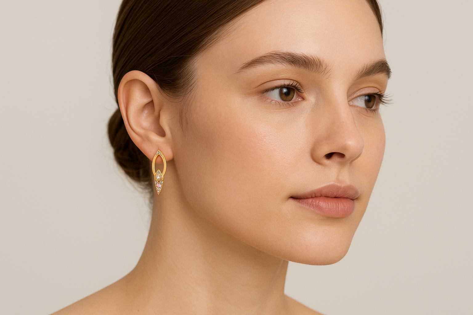Generated image of a female model wearing the gold, diamond, and pink sapphire statement earrings in a smaller size