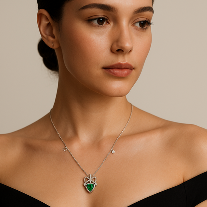 Generated image of a female model wearing the heart-shaped emerald necklace in small size