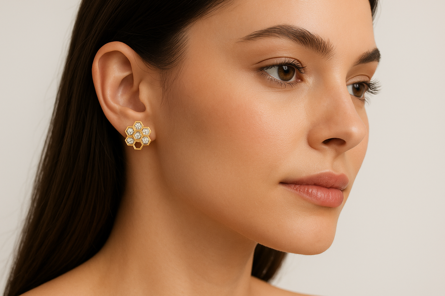 Generated image of a female model wearing the honeycomb gold and diamond earrings