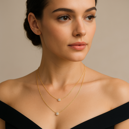 Generated image of a female model wearing the layered diamond necklace in small size