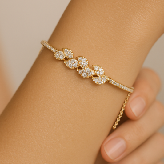 Generated image of a female model wearing the leaf-motif diamond bracelet in small size