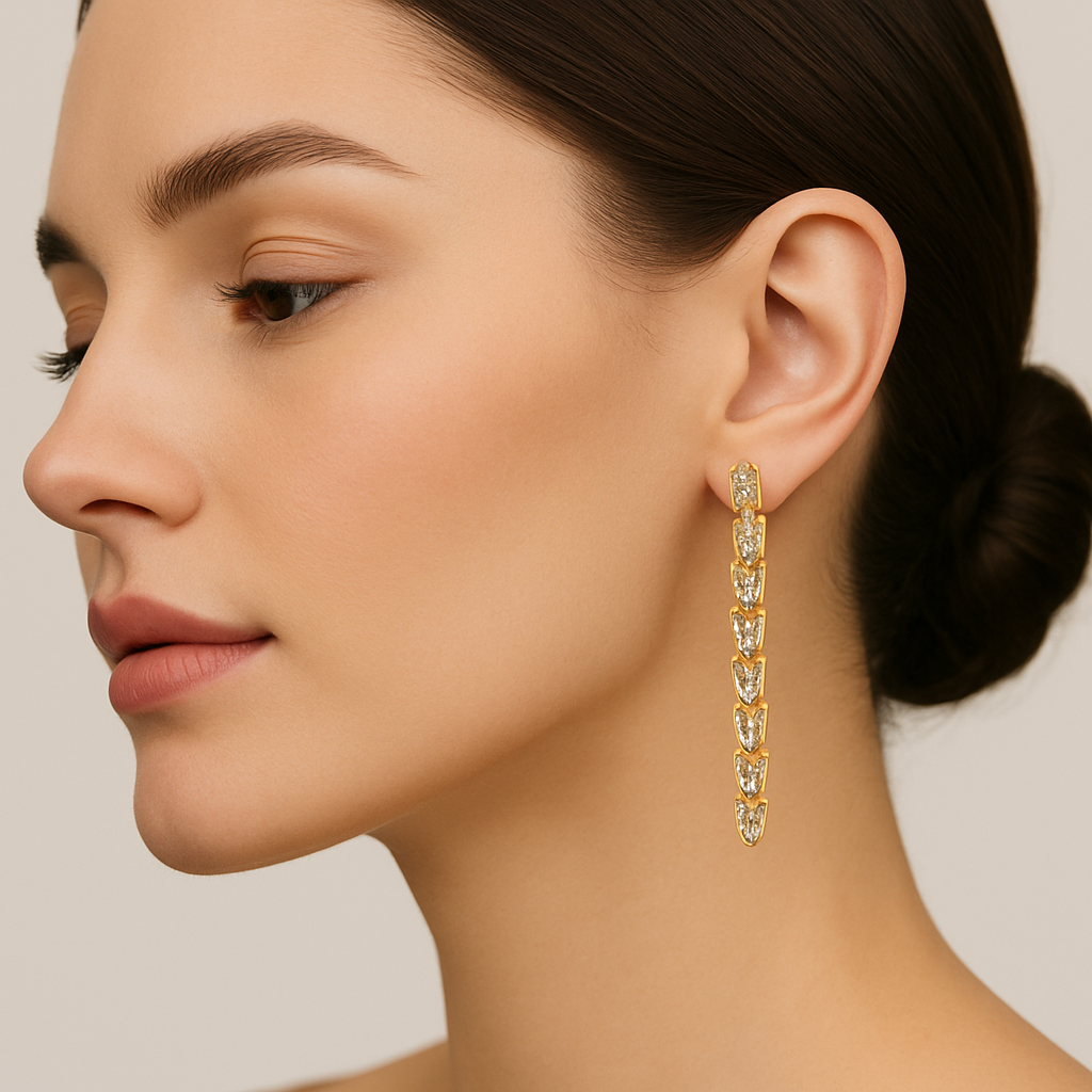 Generated image of a female model wearing the linear drop earrings