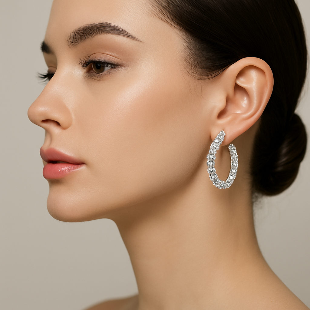 Generated image of a female model wearing the marquise diamond hoop earrings in small size