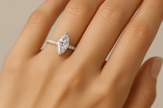 Generated image of a female model wearing the marquise diamond ring