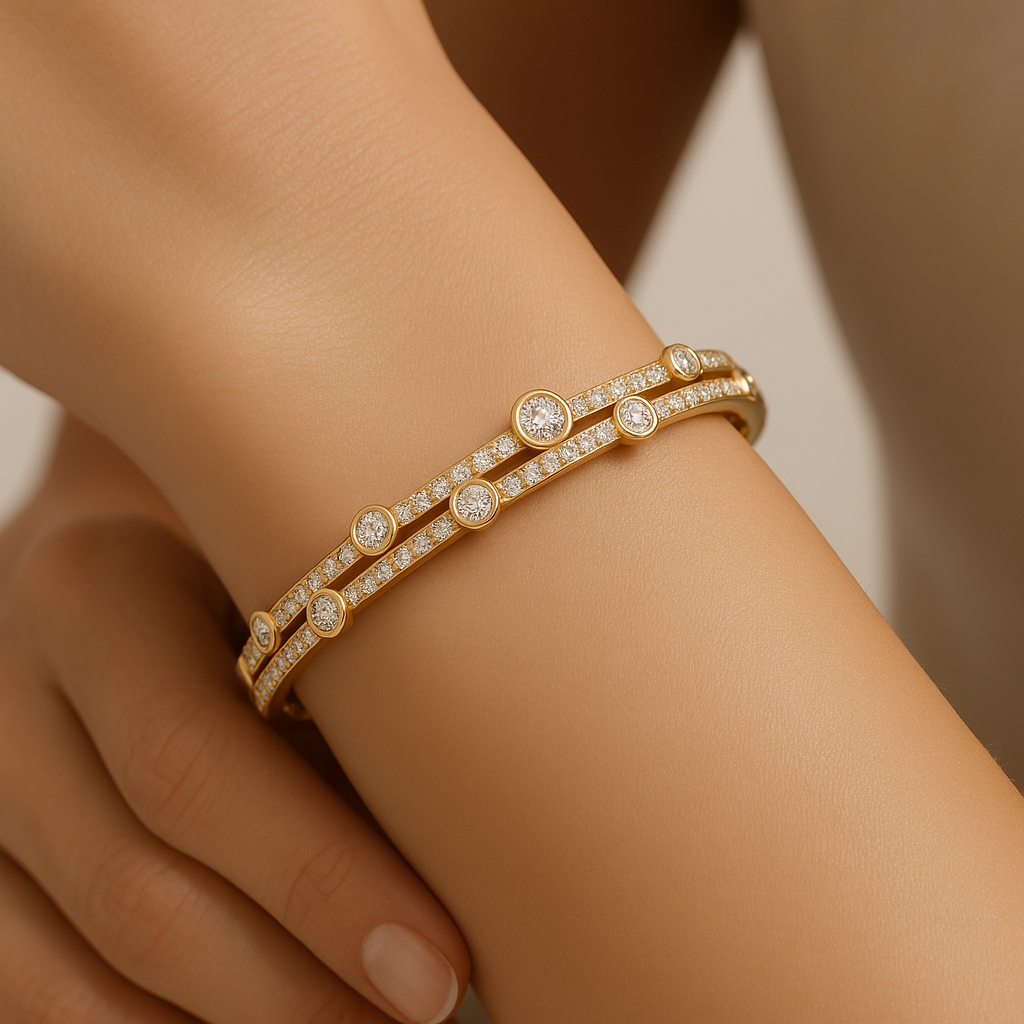 Generated image of a female model wearing the multi-row diamond bangle in small size
