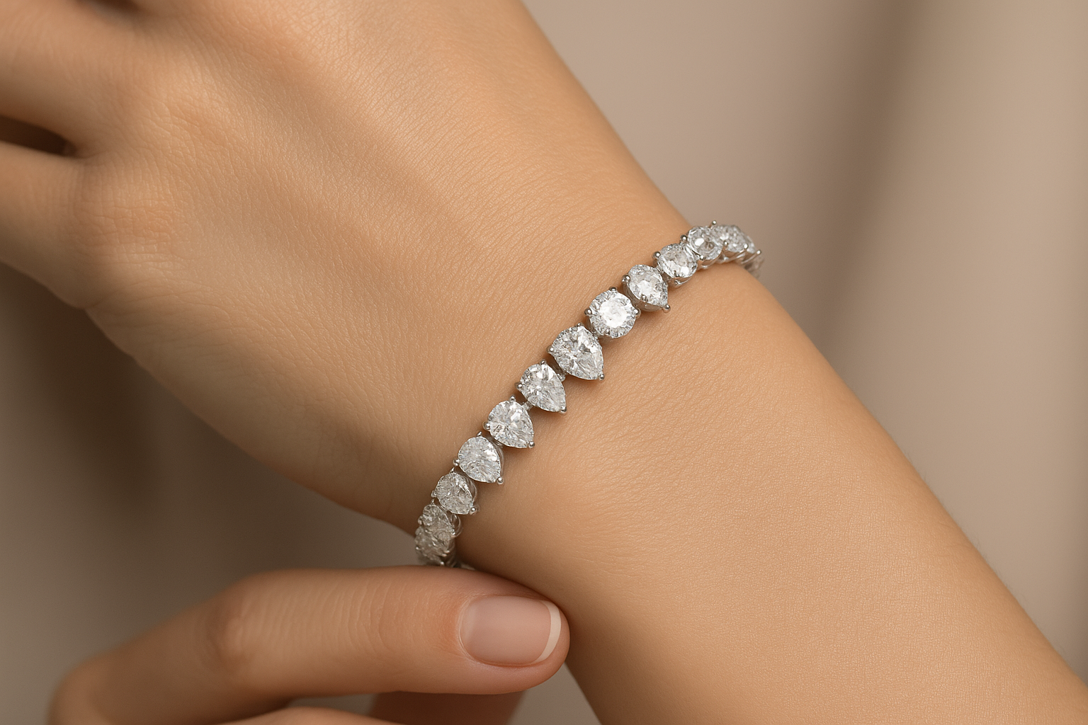 Generated image of a female model wearing the one line diamond bracelet