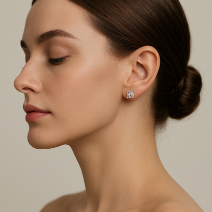 Generated image of a female model wearing the princess-cut diamond stud earrings in small size