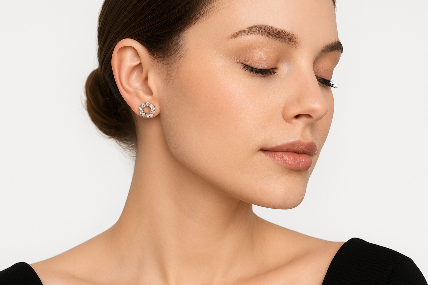 Generated image of a female model wearing the rose gold and diamond circle earrings