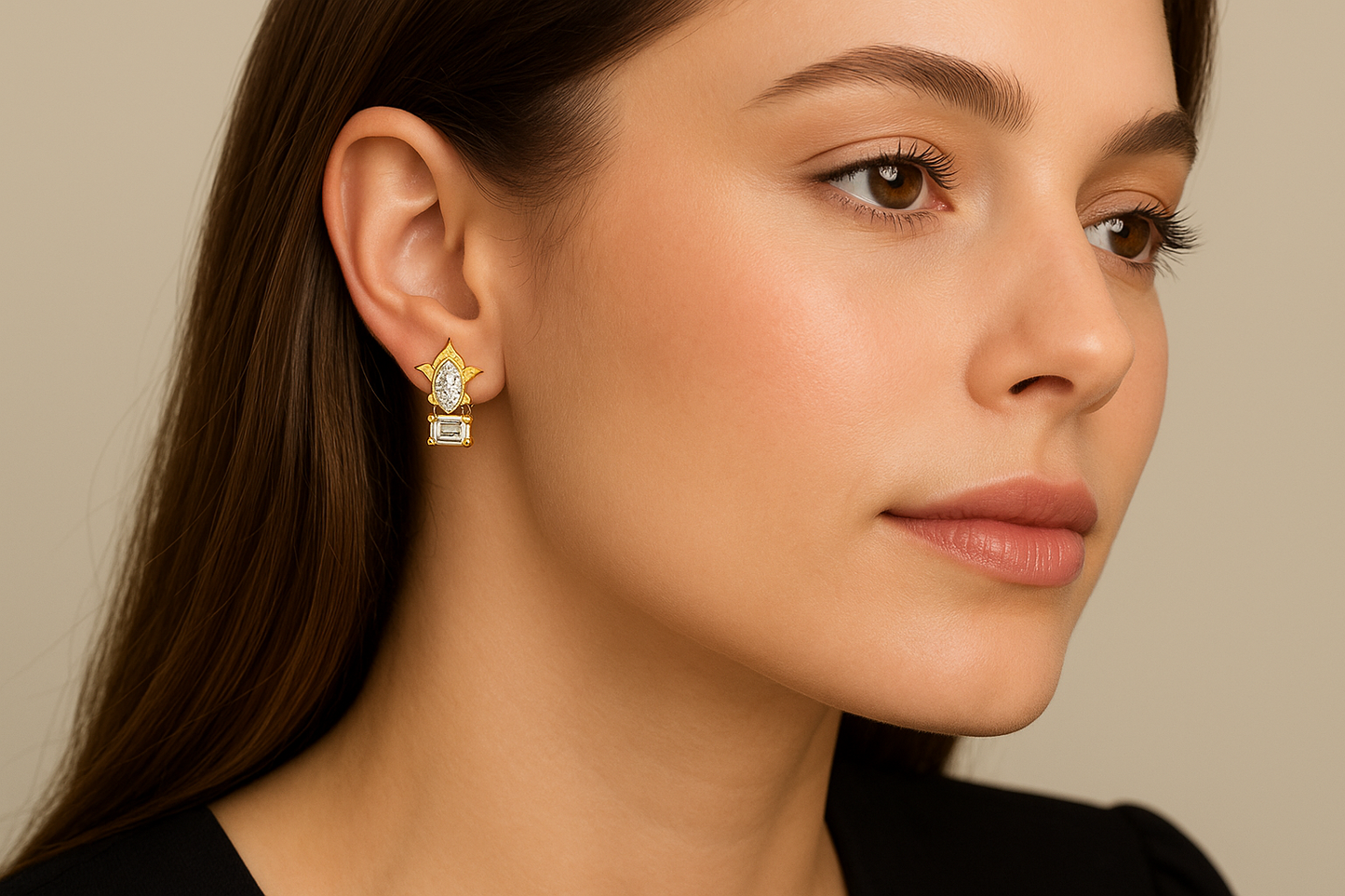 Generated image of a female model wearing the small diamond drop earrings