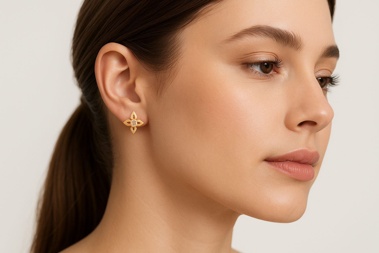 Generated image of a female model wearing the small diamond earrings