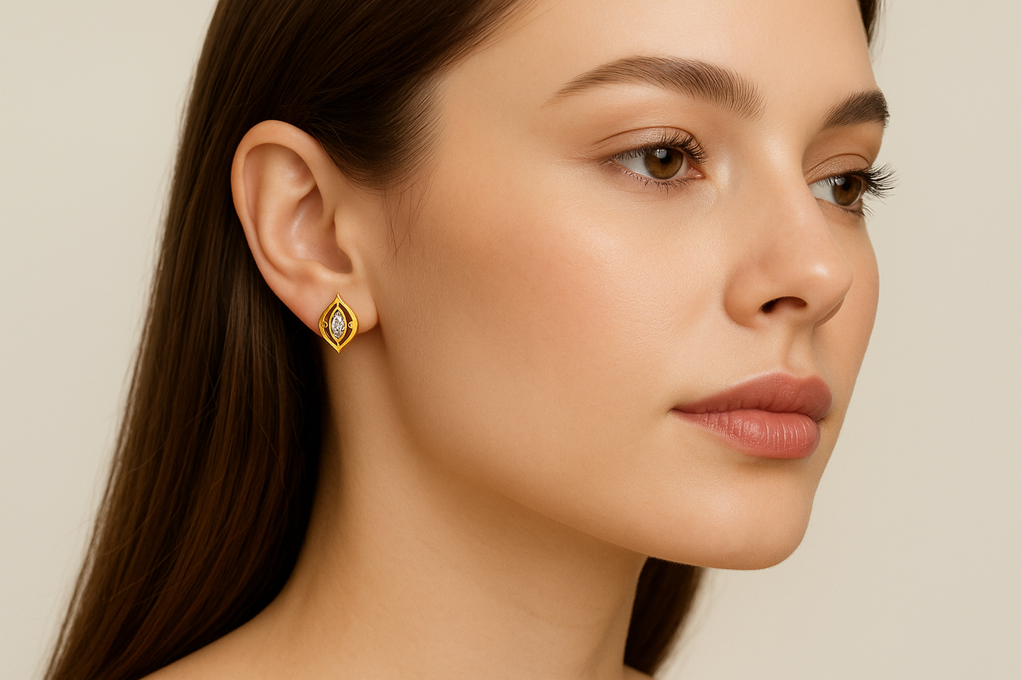 Generated image of a female model wearing the small marquise diamond earrings