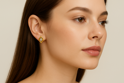 Generated image of a female model wearing the small marquise diamond earrings