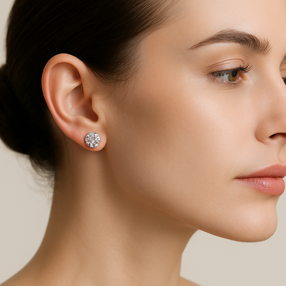 Generated image of a female model wearing the solitaire round diamond stud earrings