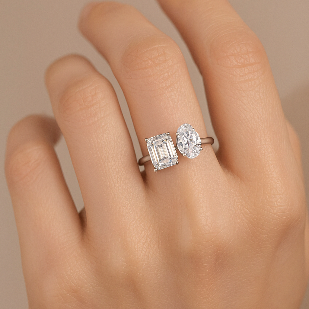 Generated image of a female model wearing the two-stone diamond ring in small size