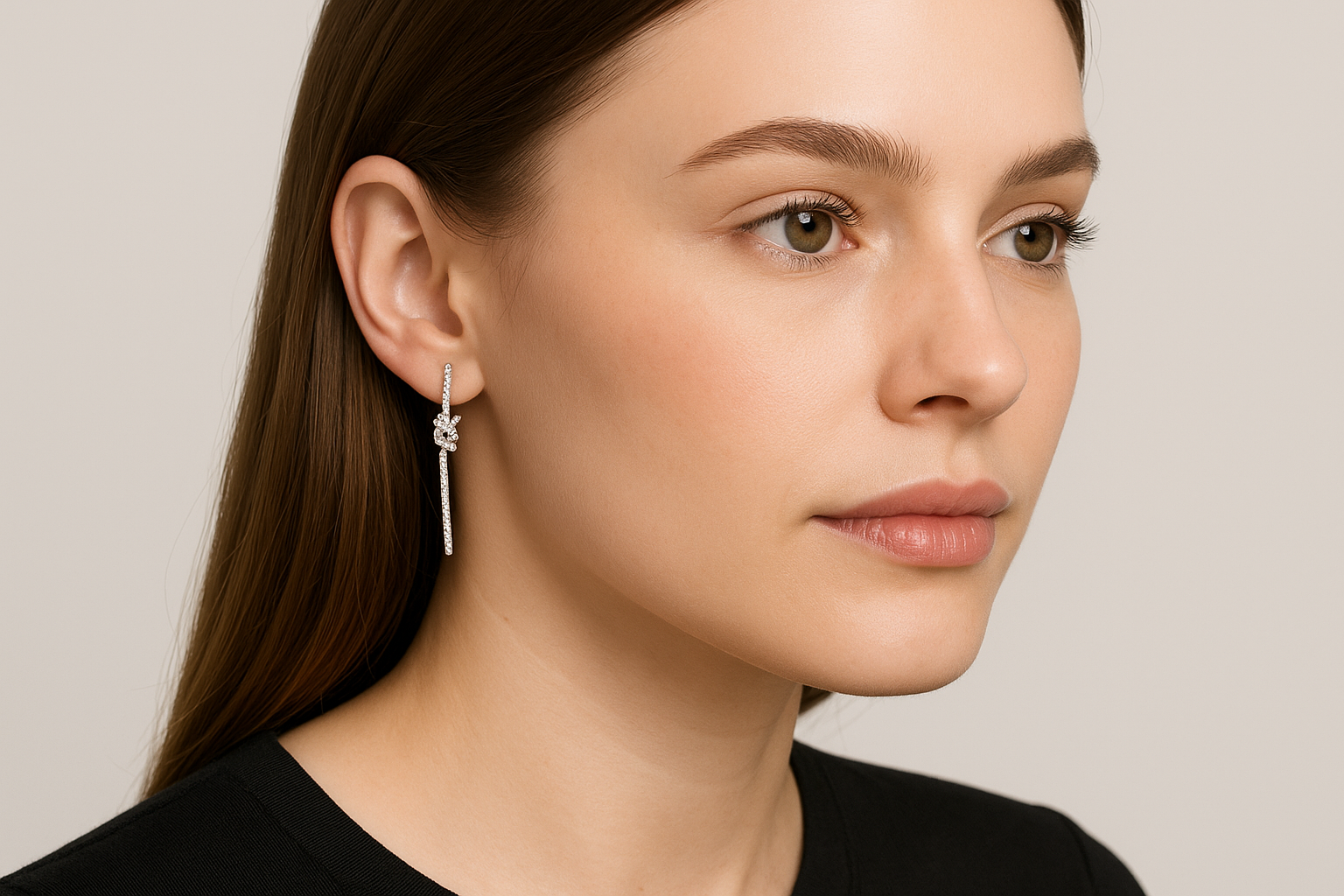 Generated image of a female model wearing the white gold and diamond statement earrings in a smaller size