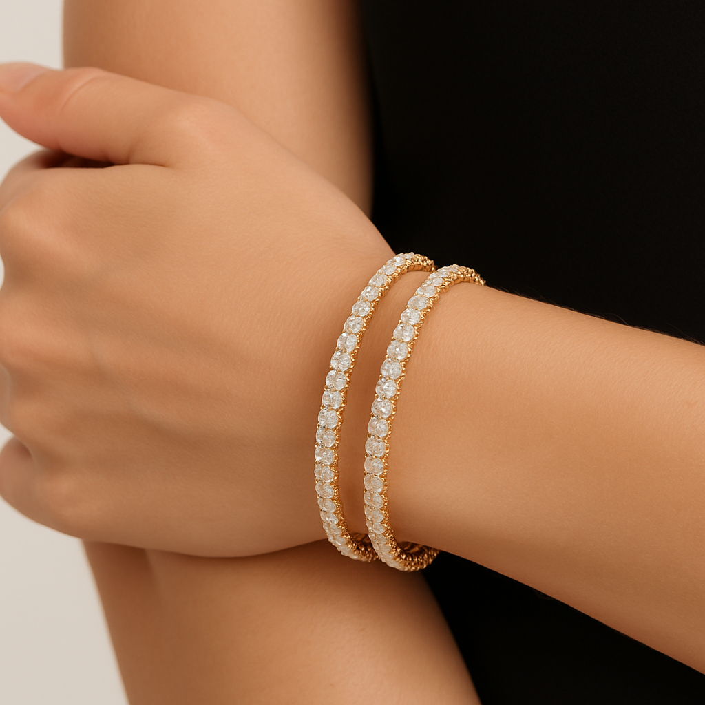 Generated image of a female model wearing two diamond eternity bangles in small size