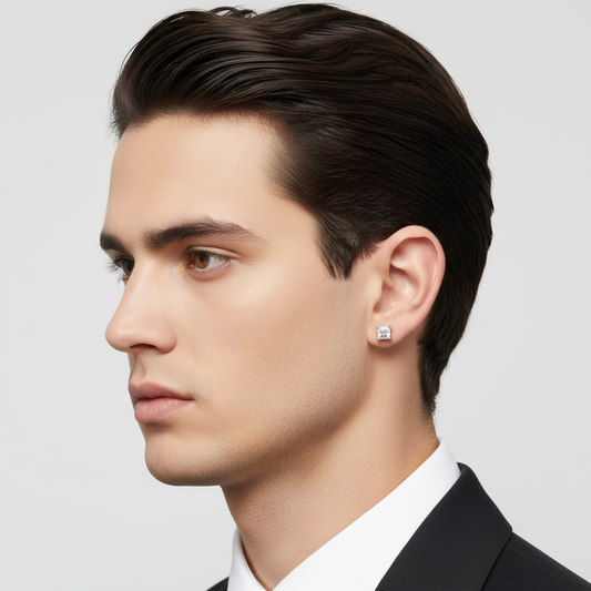 Generated image of a male model wearing small-sized two-tone gold princess cut diamond stud earrings