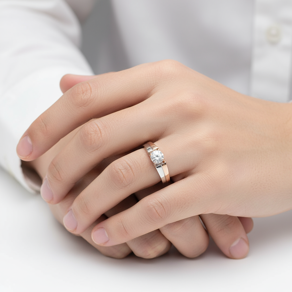 Generated image of a male model wearing small-sized two-tone gold solitaire ring with round diamond