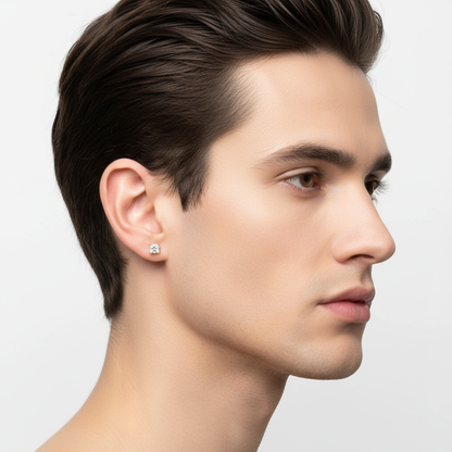 Generated image of a male model wearing small-sized yellow gold labret stud with princess cut diamond