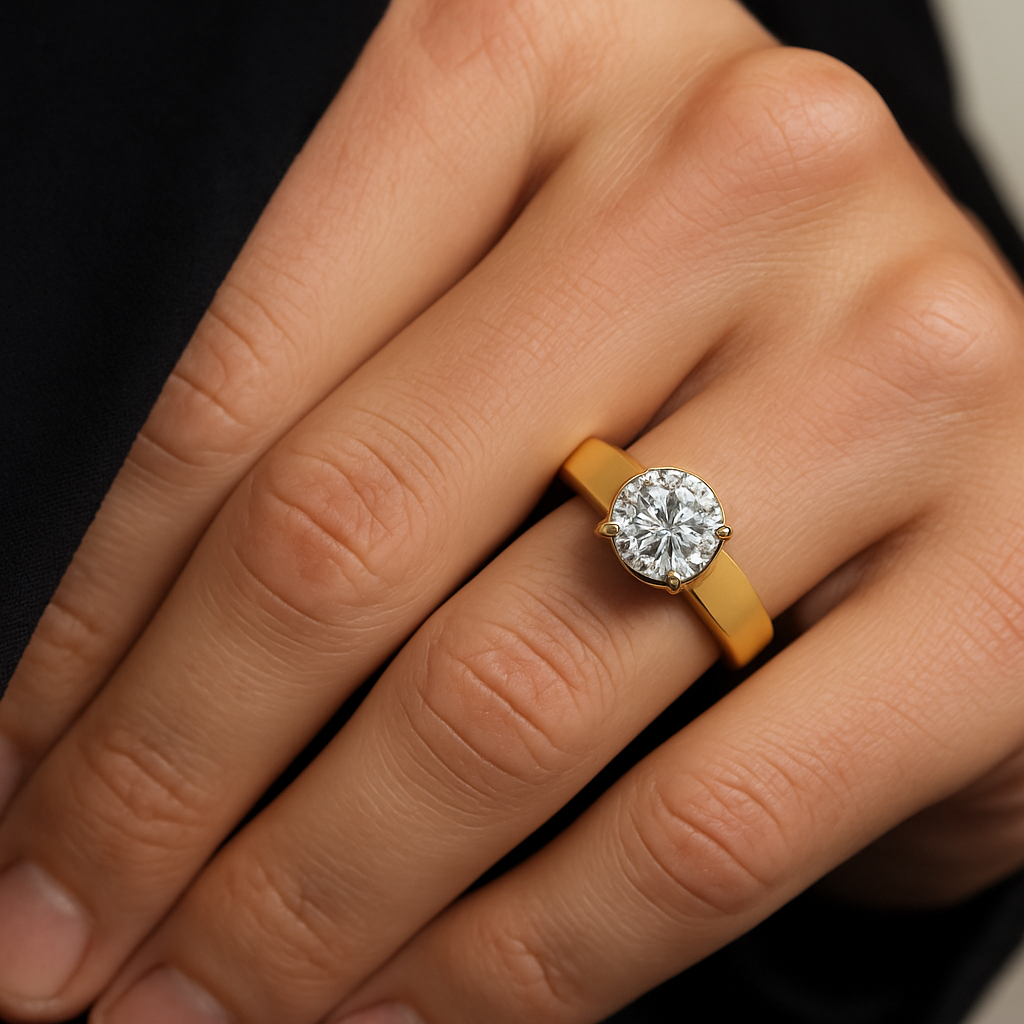 Generated image of a male model wearing the diamond solitaire ring in small size