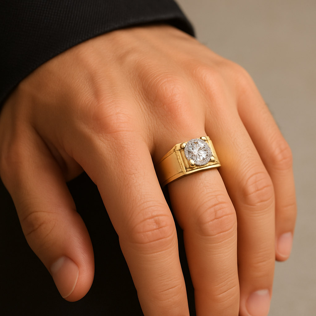 Generated image of a male model wearing the diamond solitaire ring in small size