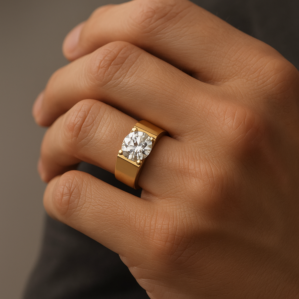 Generated image of a male model wearing the diamond solitaire ring in small size
