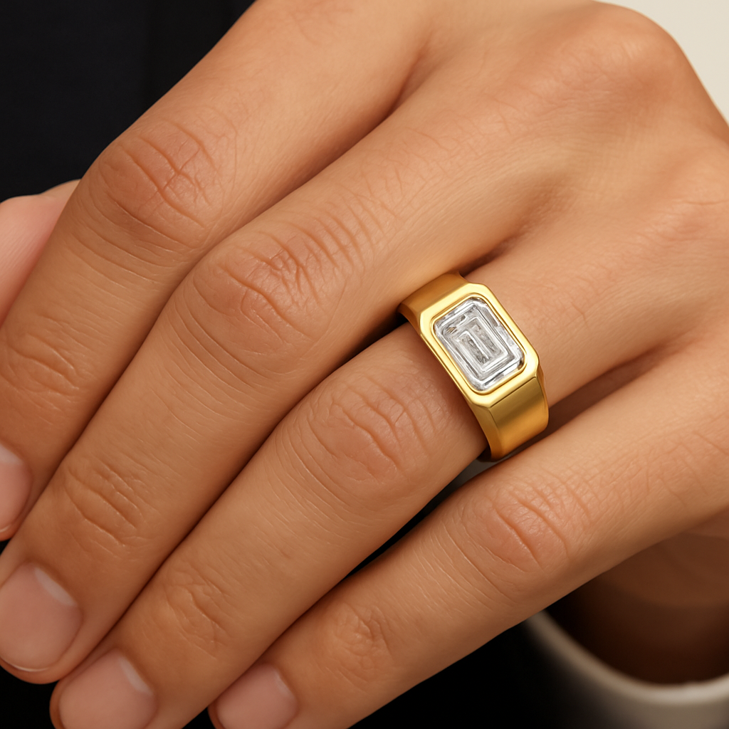 Generated image of a male model wearing the emerald-cut diamond ring in small size