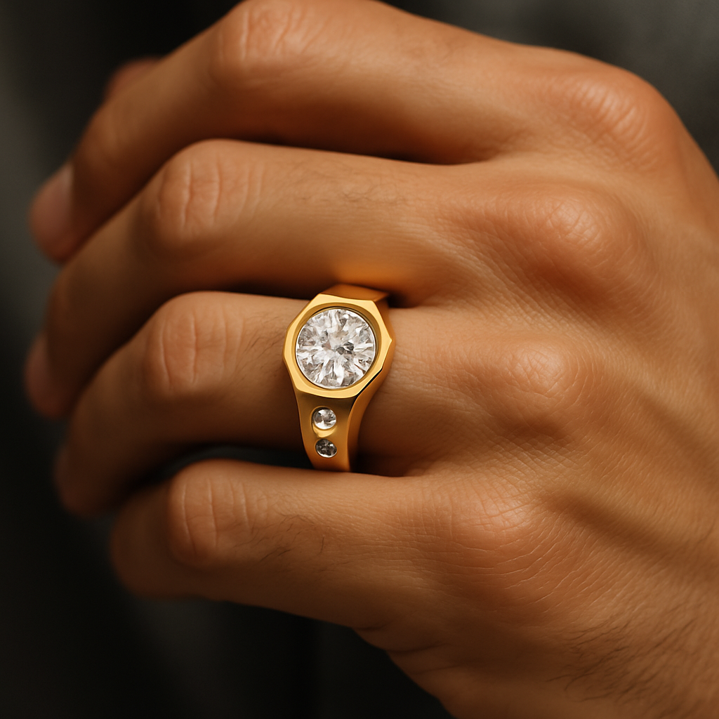 Generated image of a male model wearing the hexagonal diamond ring in small size