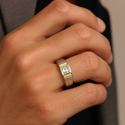 Generated image of a male model wearing the two-tone diamond ring in small size