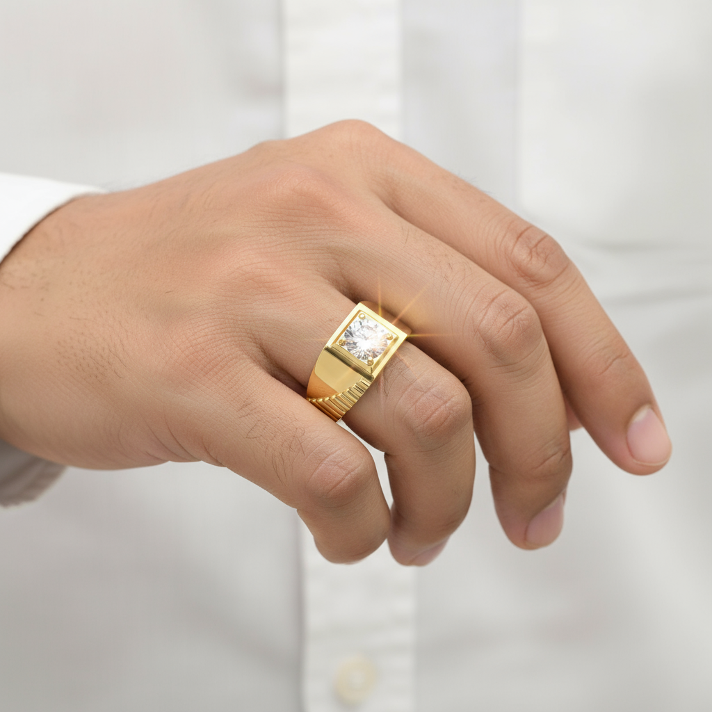 Male model wearing diamond signet ring